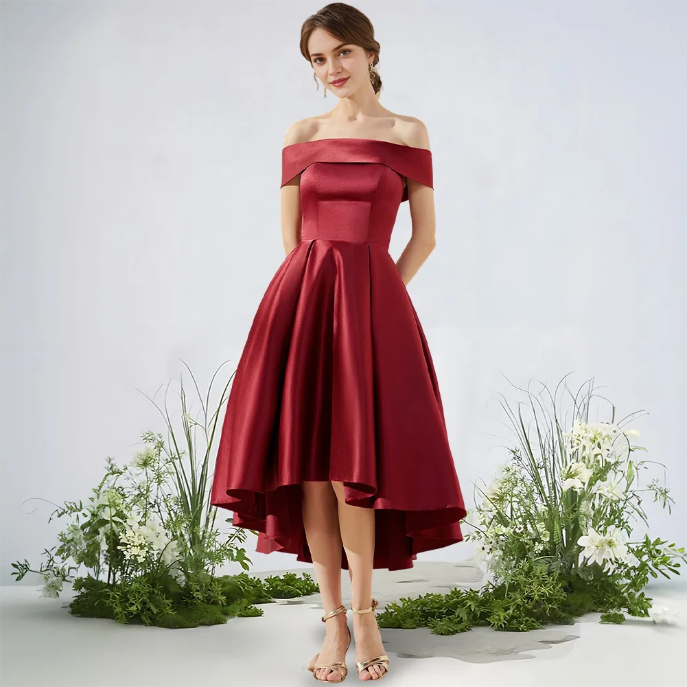 

​​Luxury 2025 Off Shoulder Asymmetrical Satin Cocktail Dresses With Pockets Prom Wedding Party Dress A-Line Evening Formal Gown
