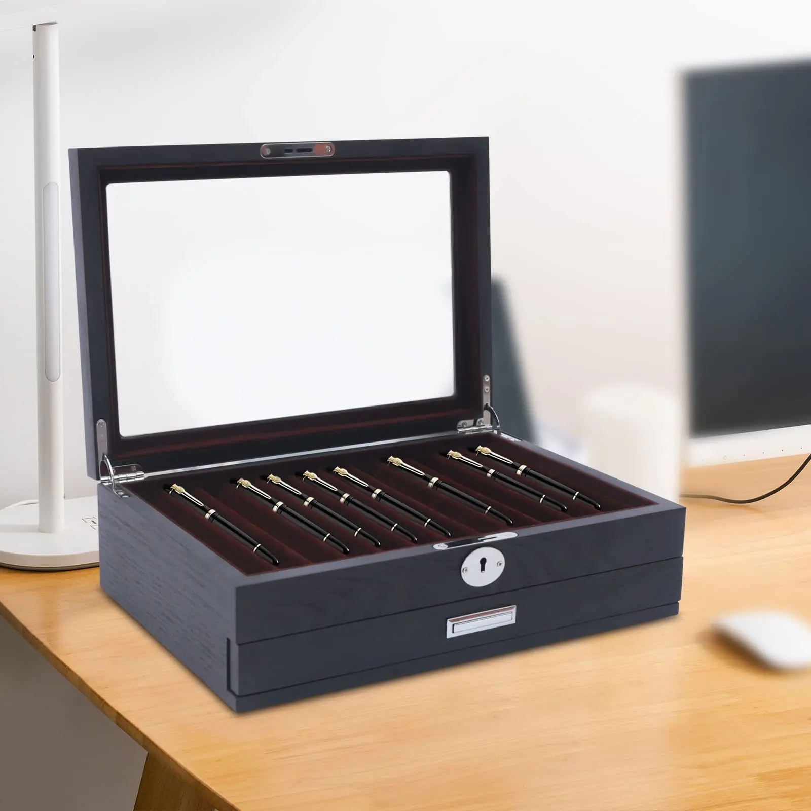 ปากกาไม้กล่อง, 12 Slot Fountain Pen Organizer กล่อง Key & Clear Window หรูหราปากกาคอลเลกชันสําหรับ Shop, บ้าน, Scho