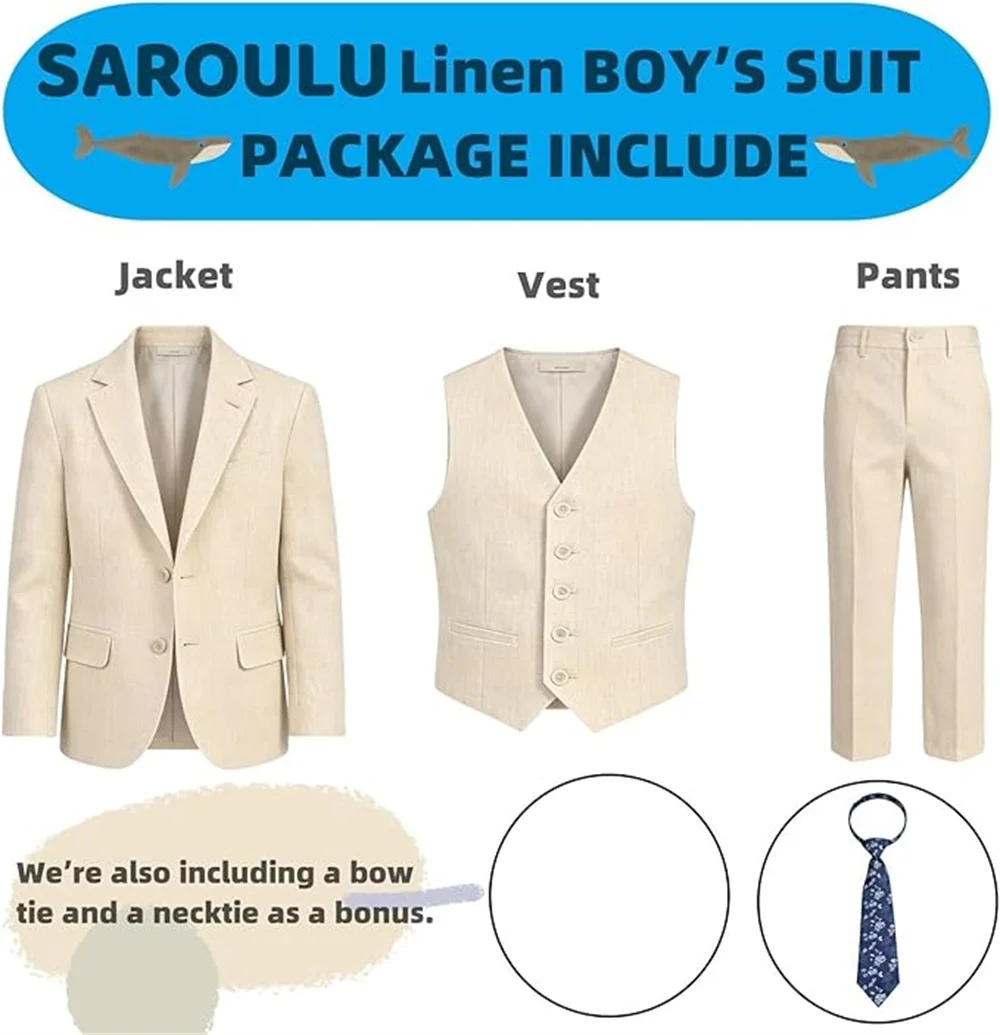 4Pcs Boys Linen Suit Set Kids Grey Blazer Vest Pants Necktie Outfit 3-14T Children Costume Wedding Birthday Recital Formal Suit