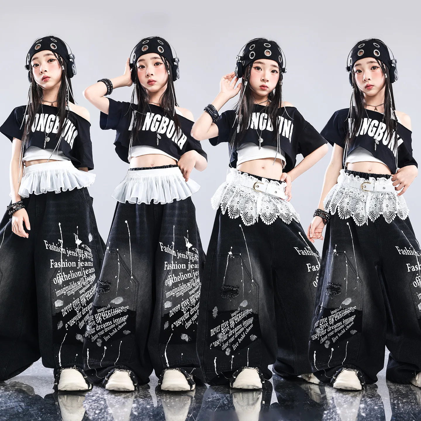 Girls Hip Hop Crop Top Loose Street Dance Denim Pants Children K-pop Streetwear Girl Group Clothes Set Kids Jazz Stage Costume