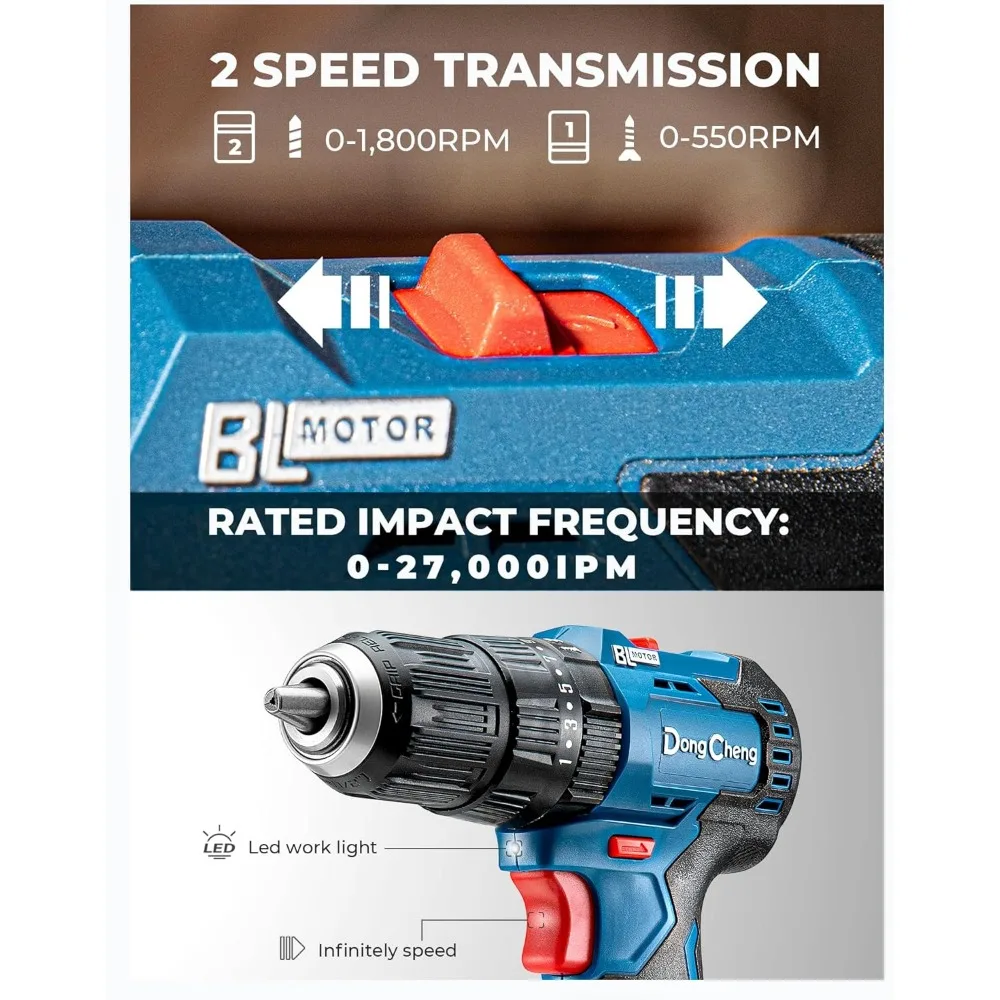 مثقاب عالي التحمل بدون فرش 20 فولت، عزم دوران 443 بوصة رطل، مثقاب مطرقة لاسلكي مع بطاريتين للطوب والمعادن والخشب