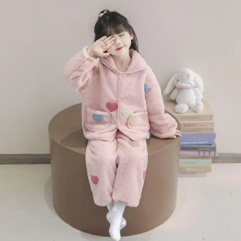 Girls Polar Fleece Pajamas Set Thickened Warm Winter Sleepwear Kids Homewear New Style Coral Fleece Loungewear for Children