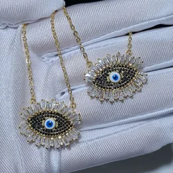 Classic Turkish Evil Eye Pendant Necklace for Women Paved 5A Cubic Zirconia Black and Blue Eye Charm Gold Color for Party 41+5cm