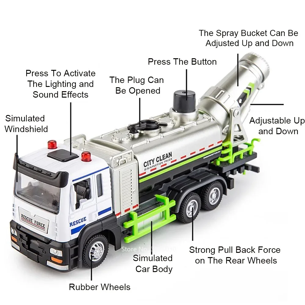 1:32 Anti Haze Spray Truck Miniature Cars Toys Model Light Music Dust Removal Car Wheel Pull Back Engineering Vehicle Boys Gifts