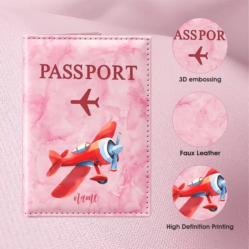 Personalized Name Red Airplane Illustration Design PU Passport Holder, Featuring a Vintage Cartoon Airplane And English Name