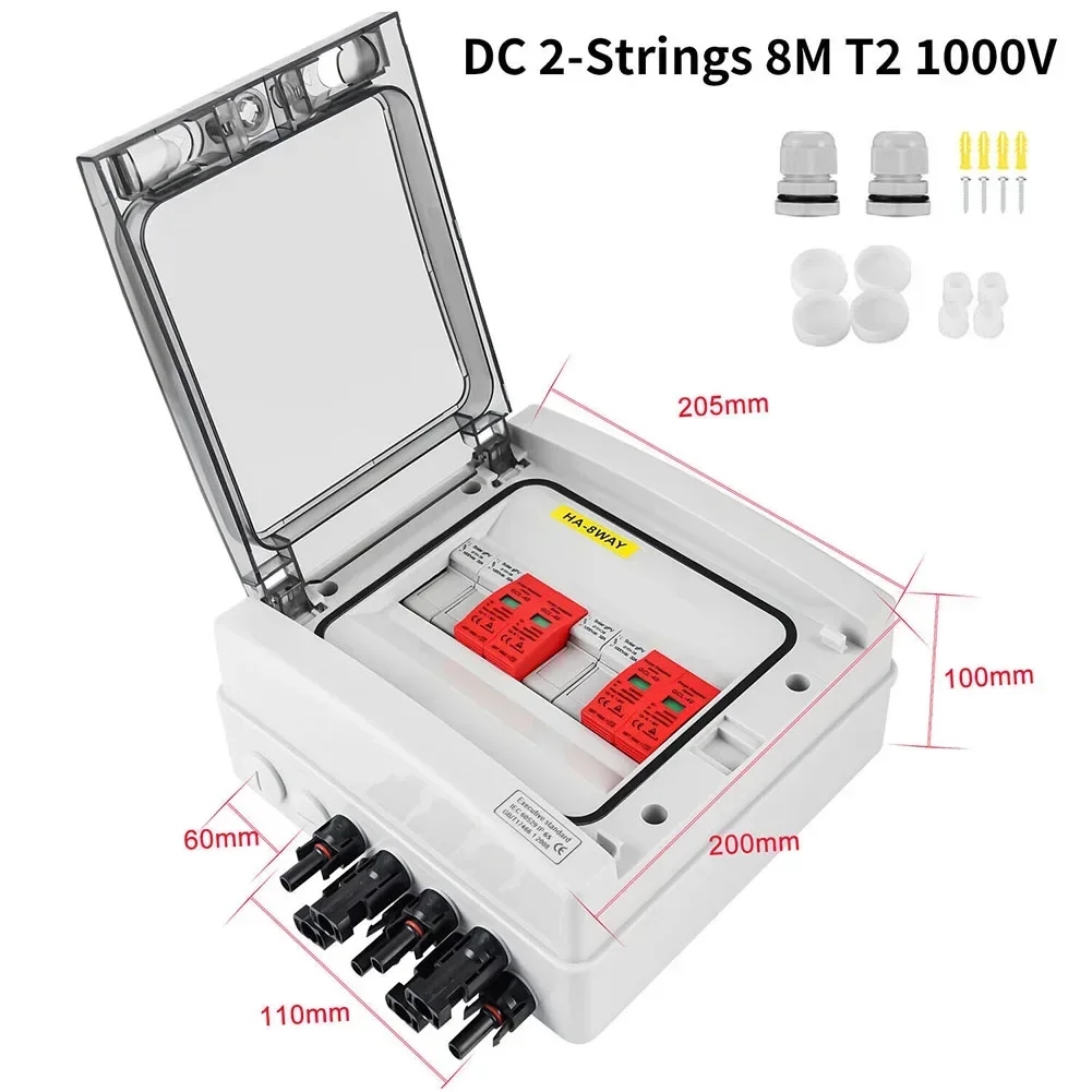 Solar Junction Box DC 2-Strings 8/12Modules 2In 2Out Protection PV System IP65  With PG13.5/16 Cable Glands Connectors