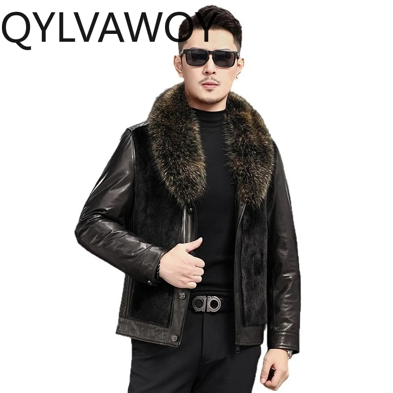 

QYLVAWOY Real Goatskin Leather Jackets Man Winter Coat Mink Fur Down Lining Leather Jacket Thicken Warm Jackets for Man High-end