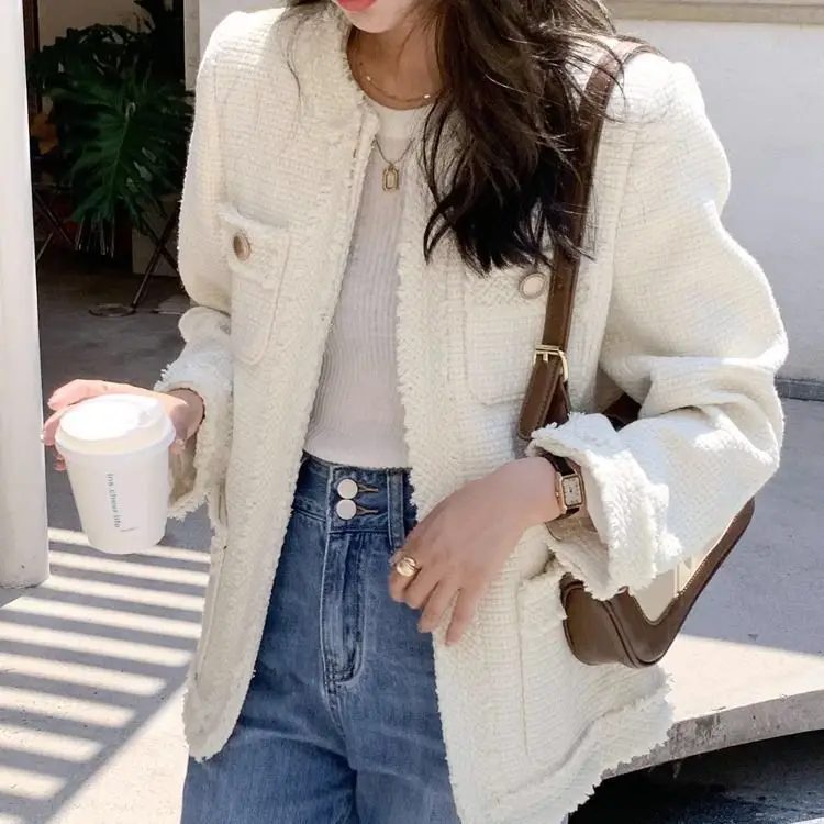 Jaqueta de Tweed Feminina Leve para Primavera, Estilo Coreano Popular para Estudantes Universitárias e Adolescentes, Estilo Preppy para o Dia a Dia e Escola