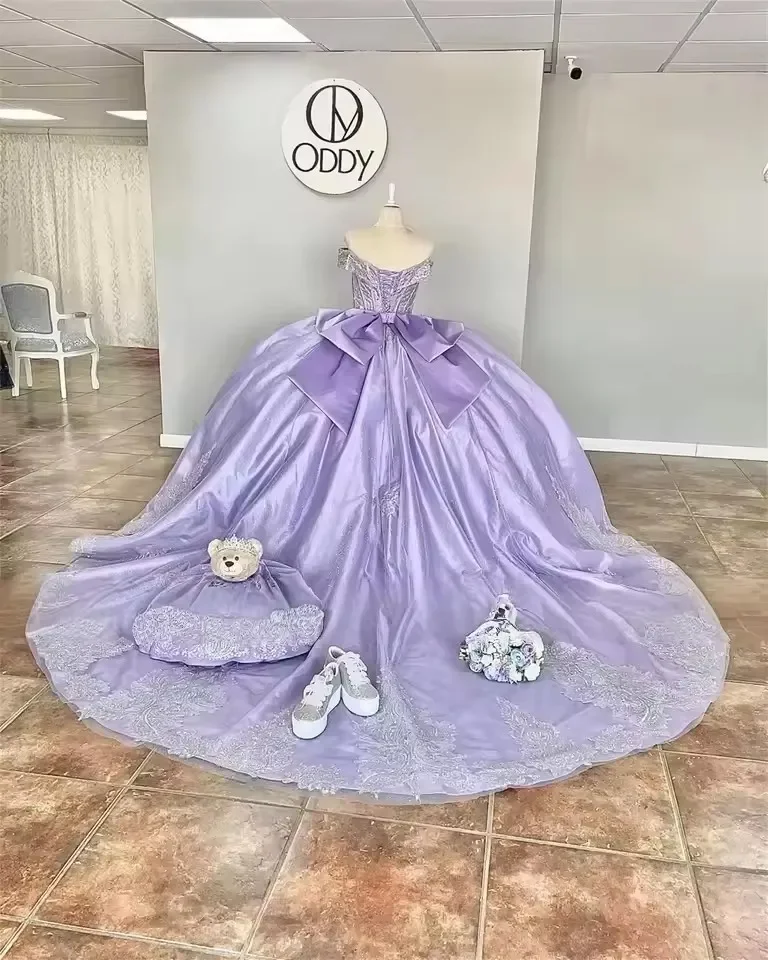 Elegant Lilac Satin Quinceanera Dresses For Girl Off The Shoulder V-Neck Bowknot Vestido De 15 Quinceaneras Morado Customized