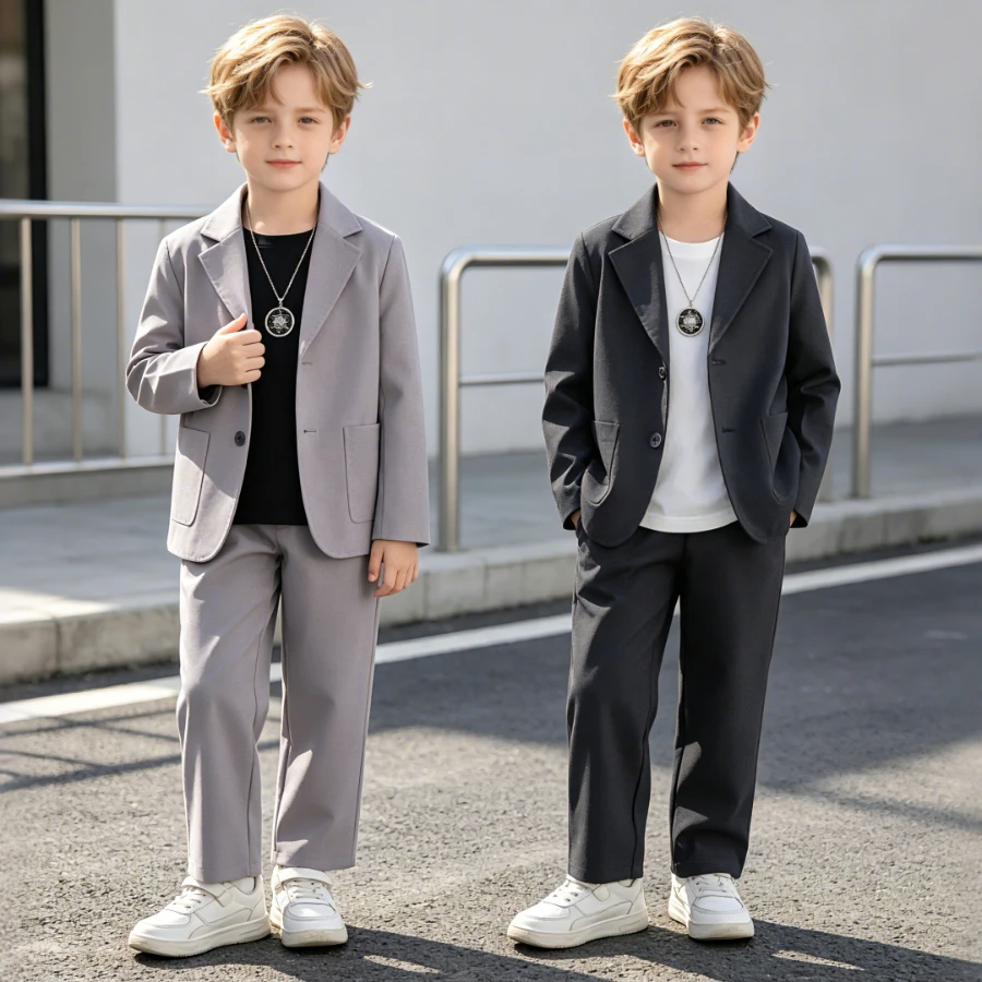 Kids Boys Casual Suit Set 2 Piece Blazer  Trousers Fashion Formal Outfit Childrens Party Dress Wear School Performance Outfits