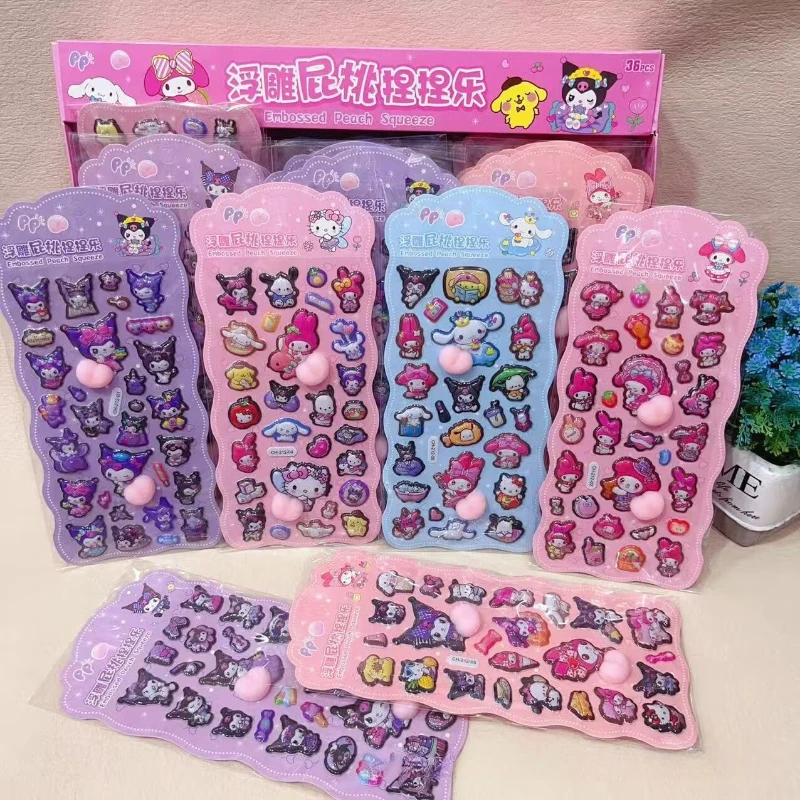 1/6pcs Leuke Sanrio Butt Stickers My Melody Kuromi Cinnamoroll 3D Relief Sticker Kawaii Stress Puffy Squishy Decals speelgoed