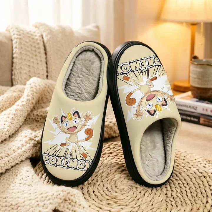 Pokemon Meowth Winter Fuzzy Slippers Warm Plush Fleece Lining Non-Slip Soft Sole Cartoon Print Indoor Home House Shoes for Gift