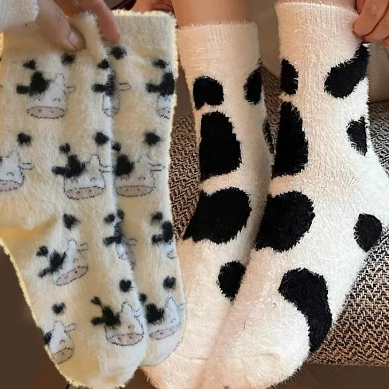 1/2Pairs Lovely Cow Pattern Fuzzy Crew Socks Milk Spotted Plush Thickened Soft Cute Comfortable Mid Tube Socks Warm Winter