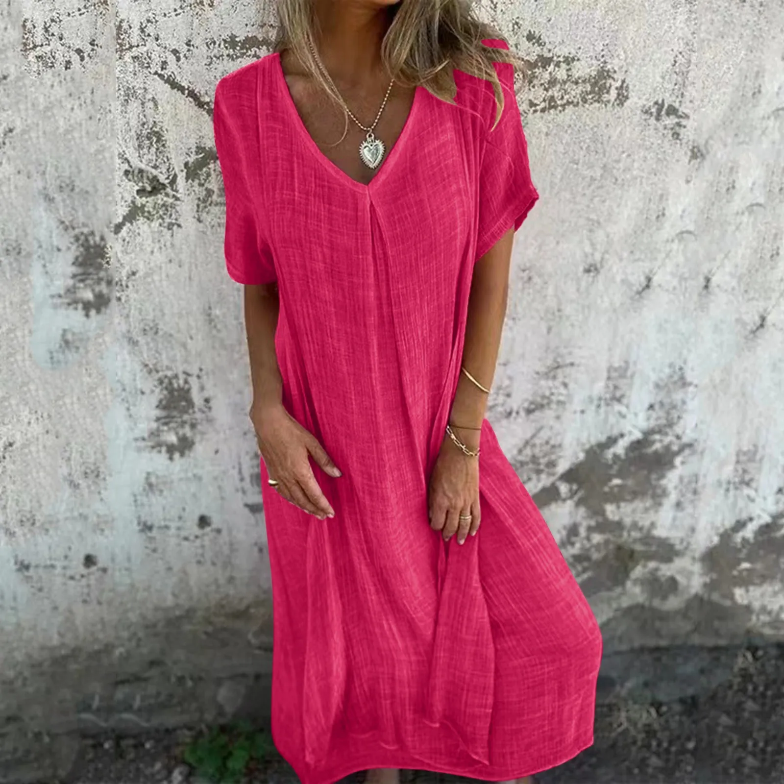 Cotton Linen Short Sleeve Loose Dress 2024 Summer Women\'s V-neck High Waist Long Dress Vintage Solid Color Straight Beach Dress