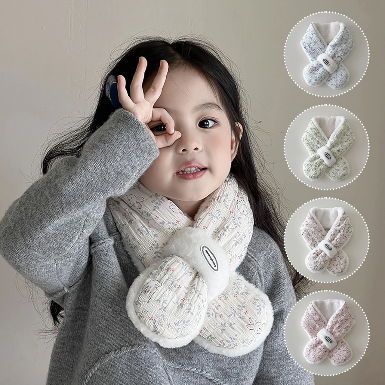 Sweet Cute Rabbit Baby Scarves Soft Plush Thicken Winter Warm Anti-Cold Cross Neckerchief Girls Toddler Kids Solid Color Scarves