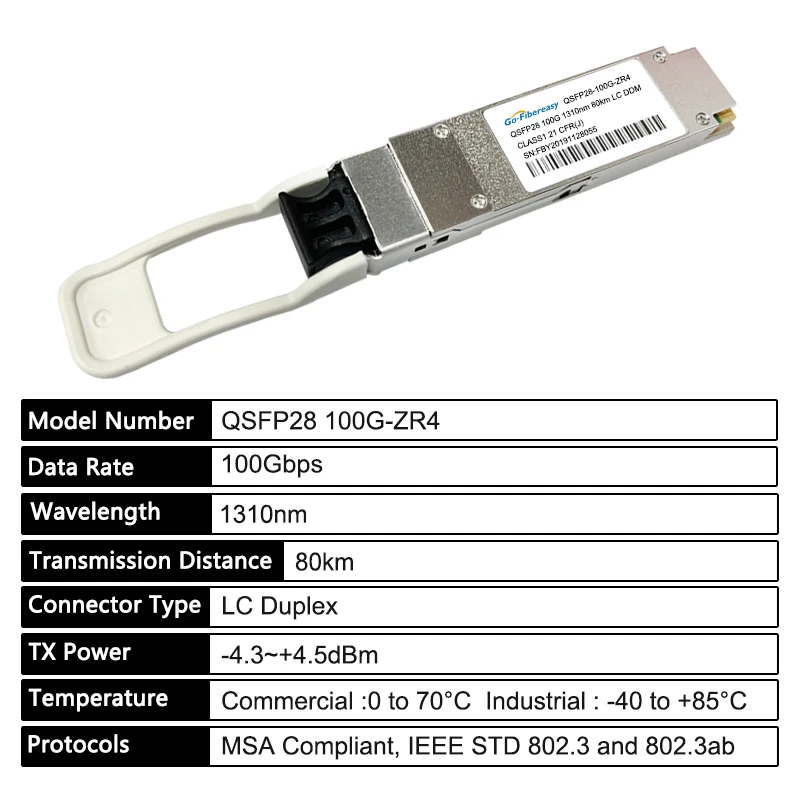 100G 80km 1310nm ZR4 QSFP28 โมดูลออปติคัล Dual LC 100GBASE-ZR4 Single Mode QSFP Transceiver สําหรับ Cisco, Huawei,Juniper,Mellanox