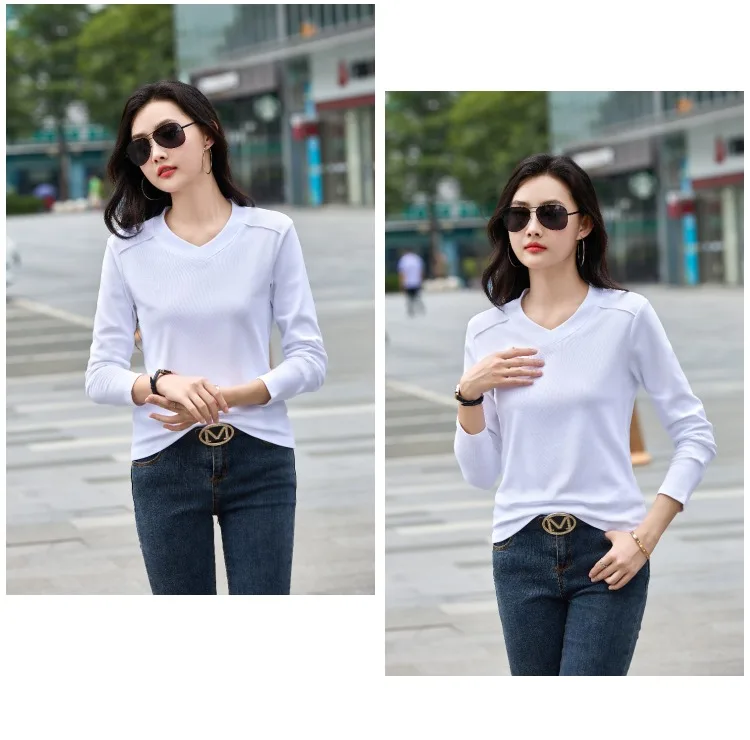 AOSSVIAO 2026 Damen Frühling Herbst 100% Baumwolle T-Shirt Basic Einfarbig Langarm Locker Sitzende Oberteile Shirts T-Shirt – Detail 14