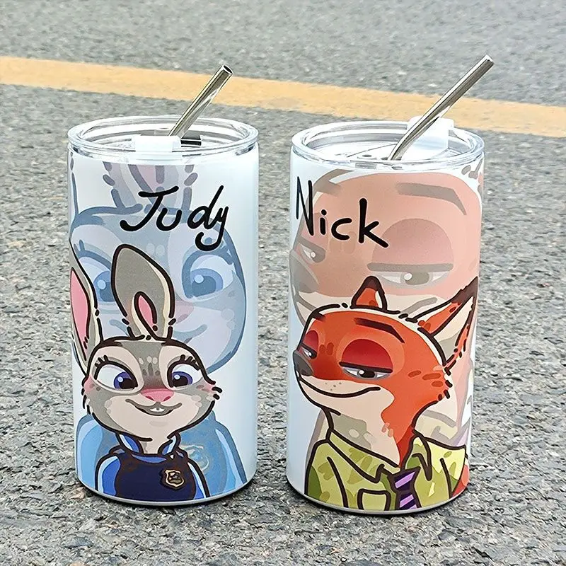 Zootopia Judy Hopps Nick Wide Creative Cartoon Cute Print Stainless Steel Straw Cup Couple Large Capacity Portable Straight Cup