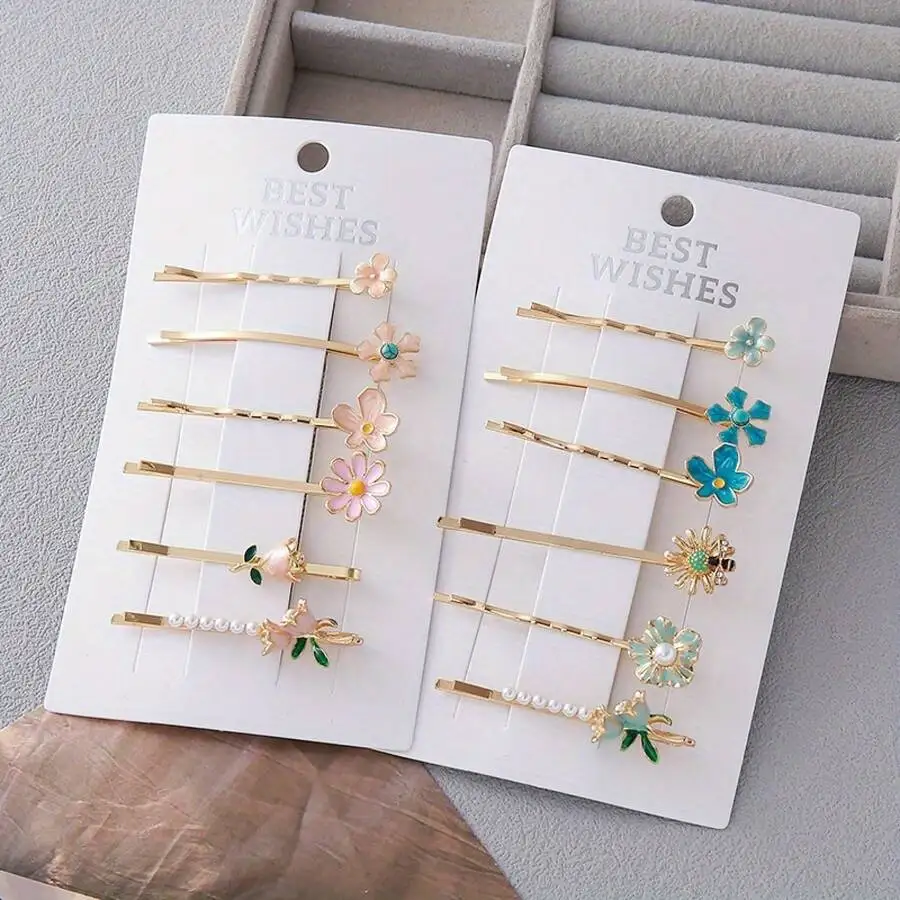 

Floral Hair Barrettes Set Of Six For Women Zinc Alloy Decorative Hairpins