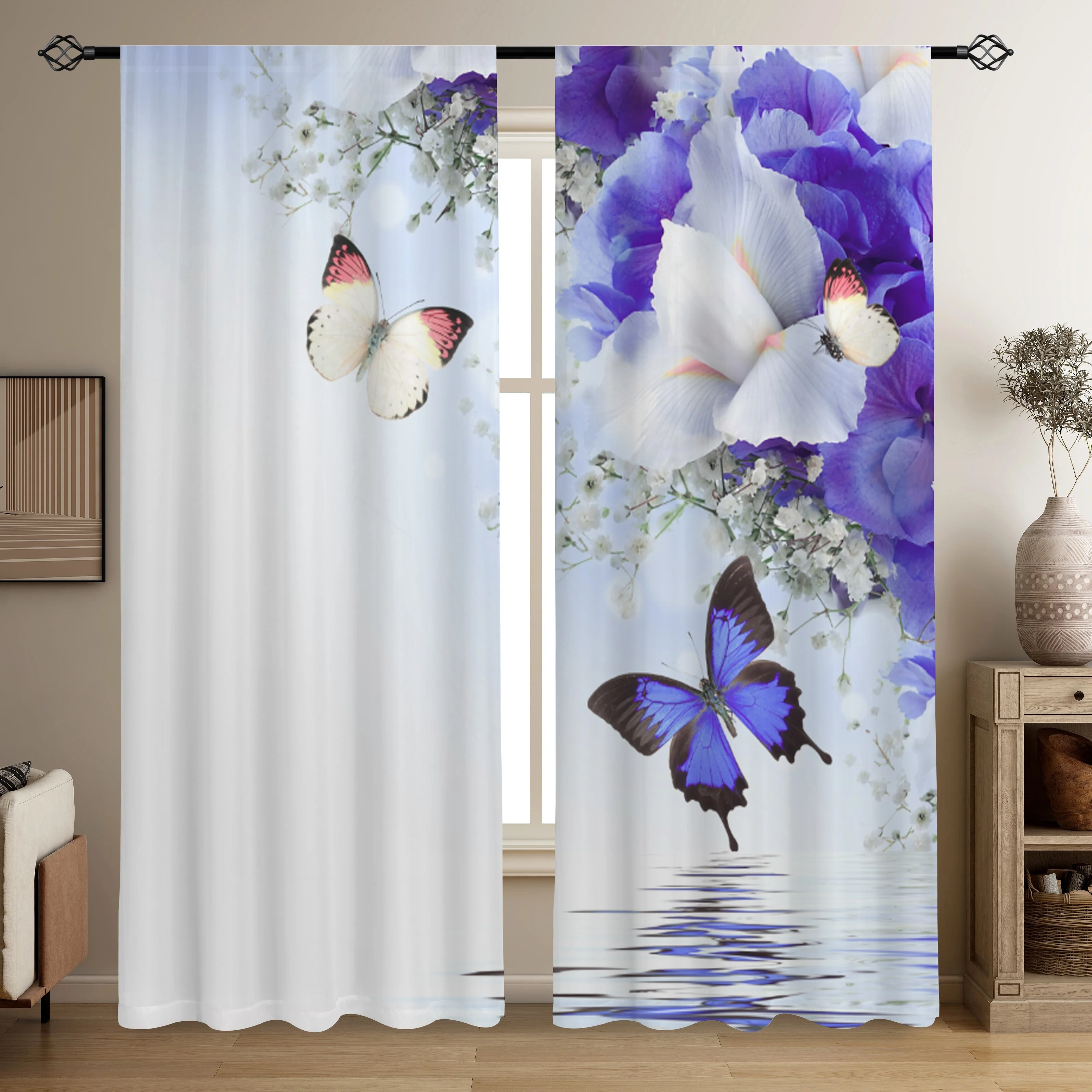 2pcs Pastoral Flowers Butterfly Printed Translucent Curtains, Living Room Playroom Bedroom Multi-scene Polyester Rod Pocket Deco