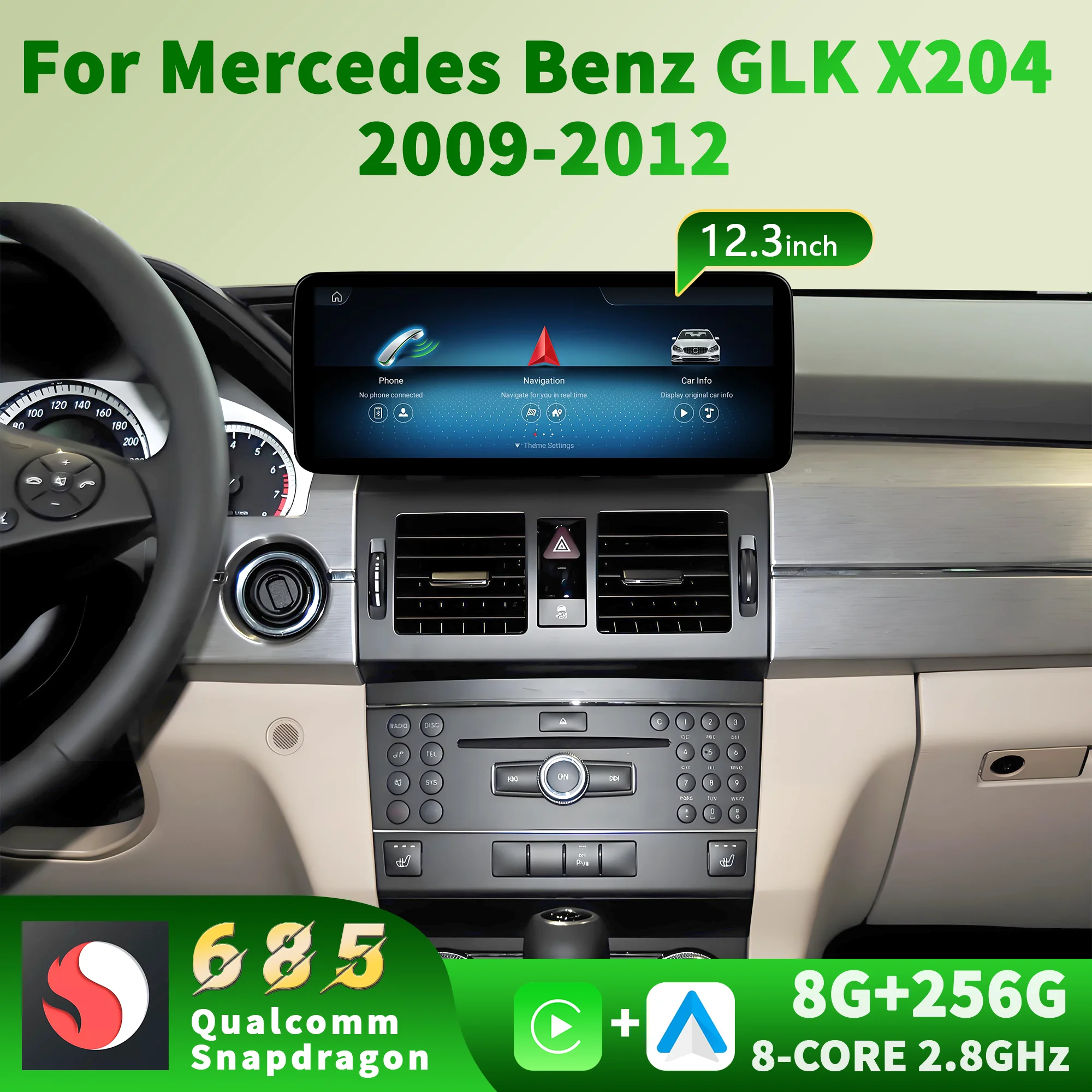 12.3 inch Android 14 Wireless Bluetooth Carplay For Mercedes Benz GLK X204 2009-2012 Touch Screen Car Radio Snapdragon 680