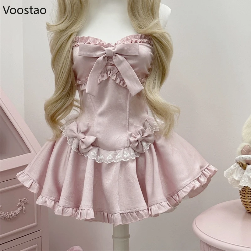 Robe de Style Lolita japonaise pour femmes, Kawaii Y2k, nœud en dentelle, à volants, sans bretelles, rose, Mini robe de soirée coréenne
