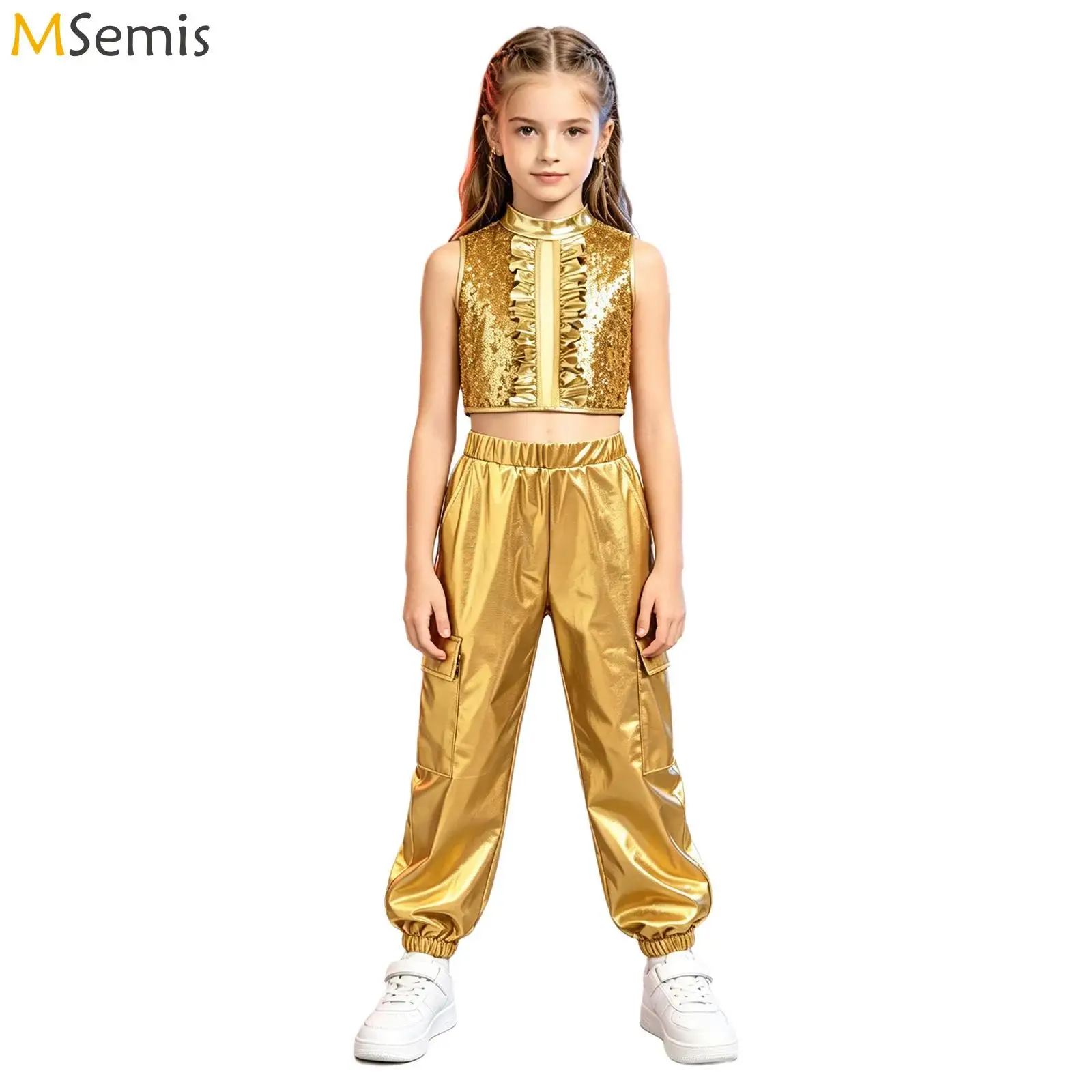

Kids Girls Jazz Dance Performance Costume Invisible Zipper Sequin Metallic Ruffles Crop Top with Shiny Pants Hip Hop Dancewear