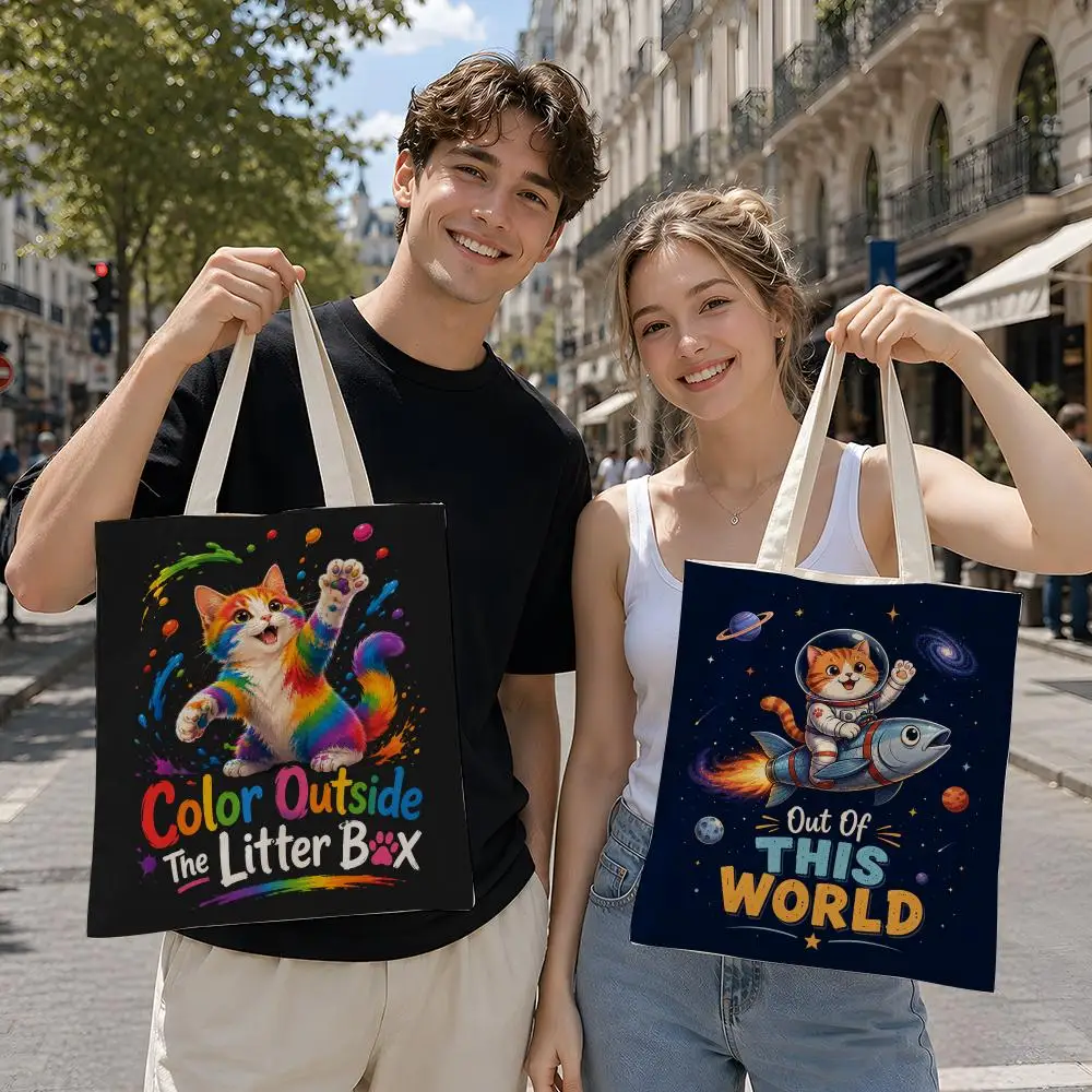 Pattern Cute Funny Orange Cat Print Storage Bags Reusable Canvas Tote Suitable for School Class Commuting Shopping as Gifts