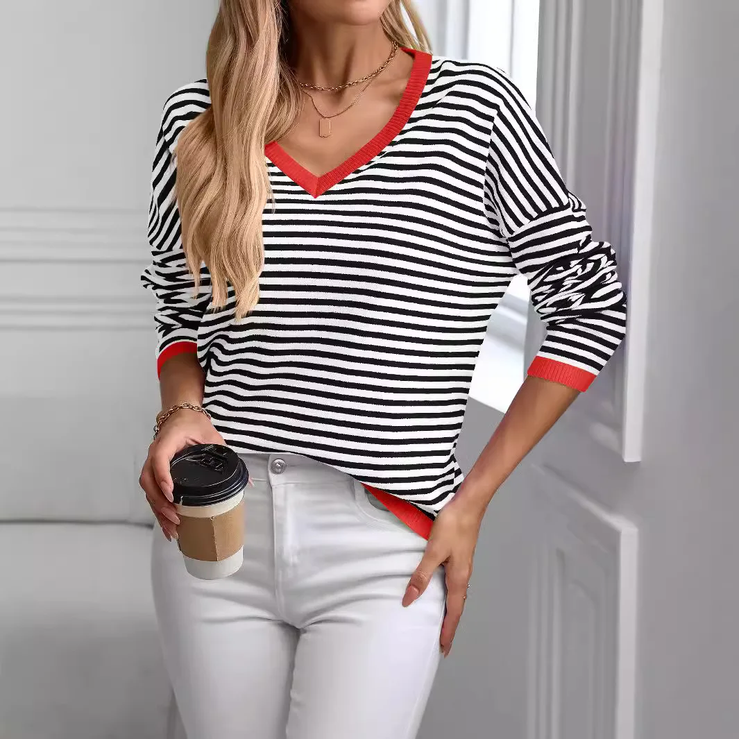 Sweater Women 2024 Autumn New V-neck Striped Contrasting Long Sleeved Casual Sweater Pullover Tops Goth