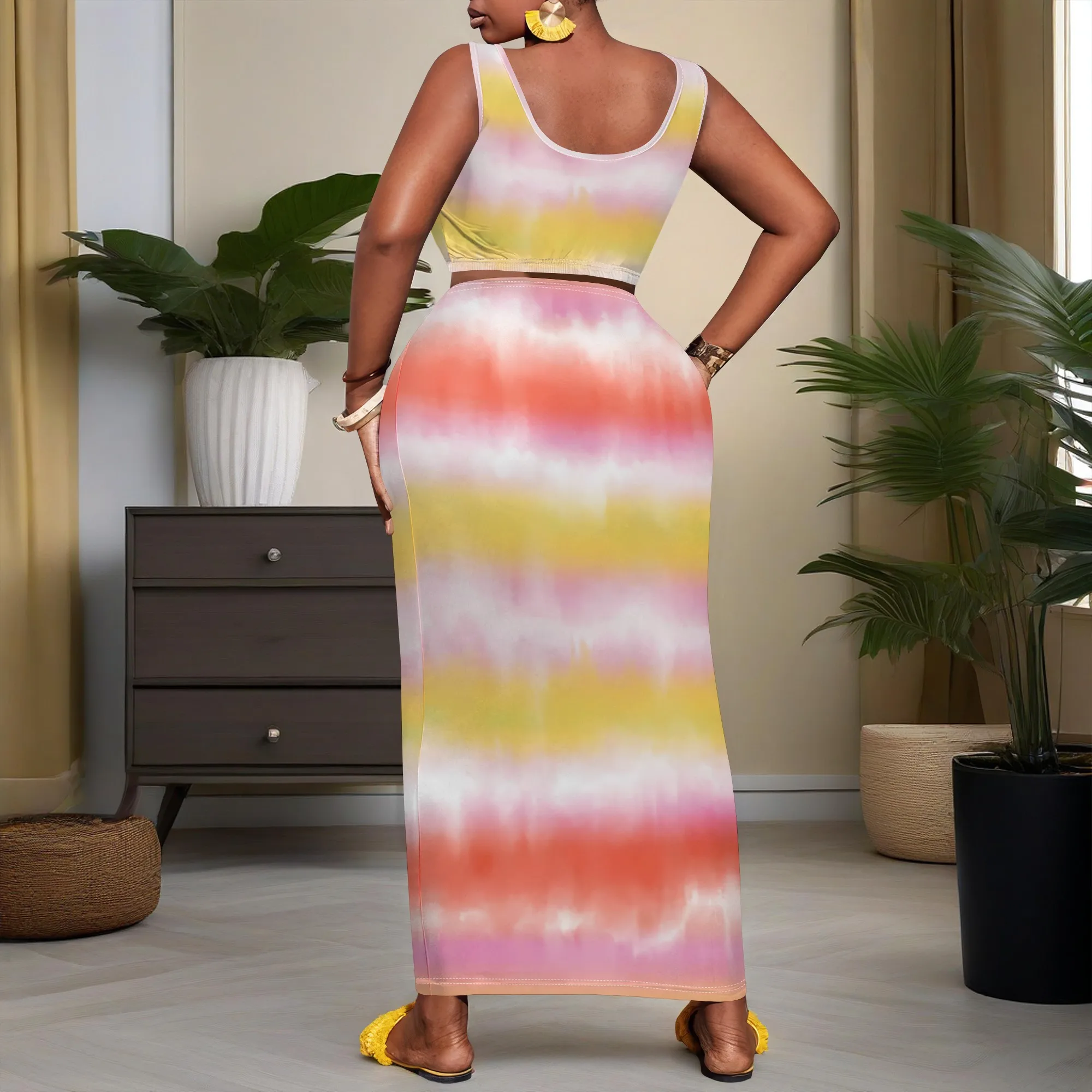 Nupusa tweedelige set met tie-dye print voor dames, grote maten zomer, casual mouwloze crop top en maxi-rokset