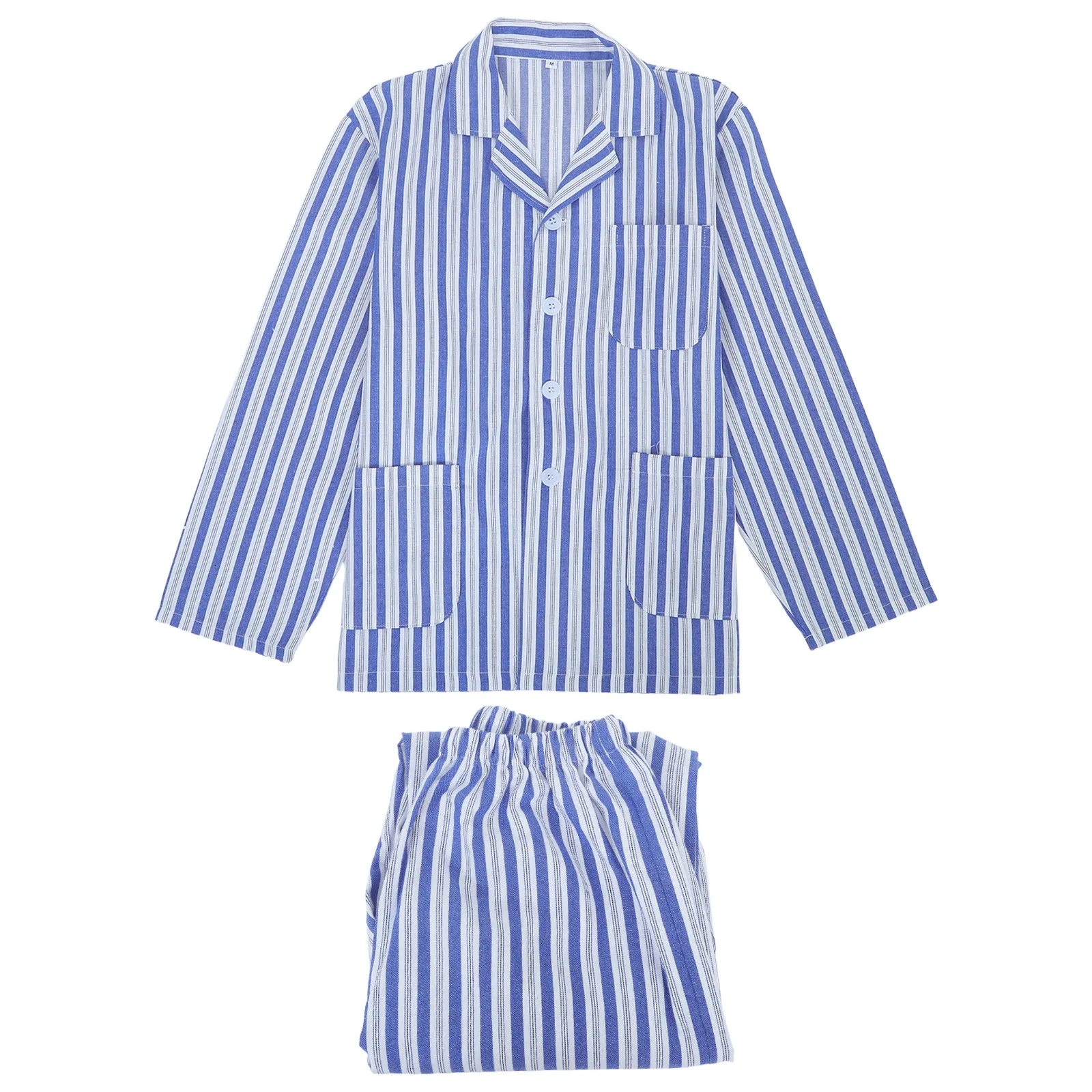 1 Juego de Pijamas Cómodos para Pacientes, Ropa de Hospital de Algodón de Manga Larga, Rayas Azules y Blancas, Talla M, Pijamas para Adultos, Ropa de Hospital