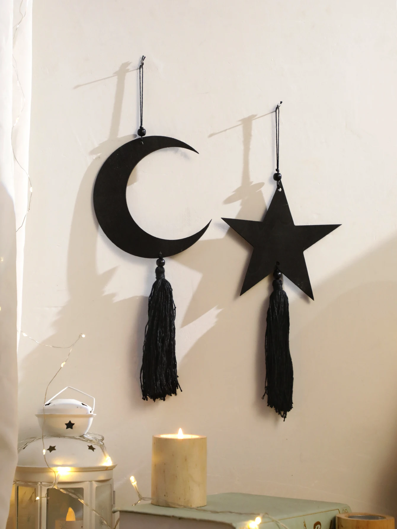 1/2Pc Eid Wooden Moon Hanging Ornaments With Wood Star，Boho Country Rustic Home decoration，Ramadan Kareem Holiday Decorations