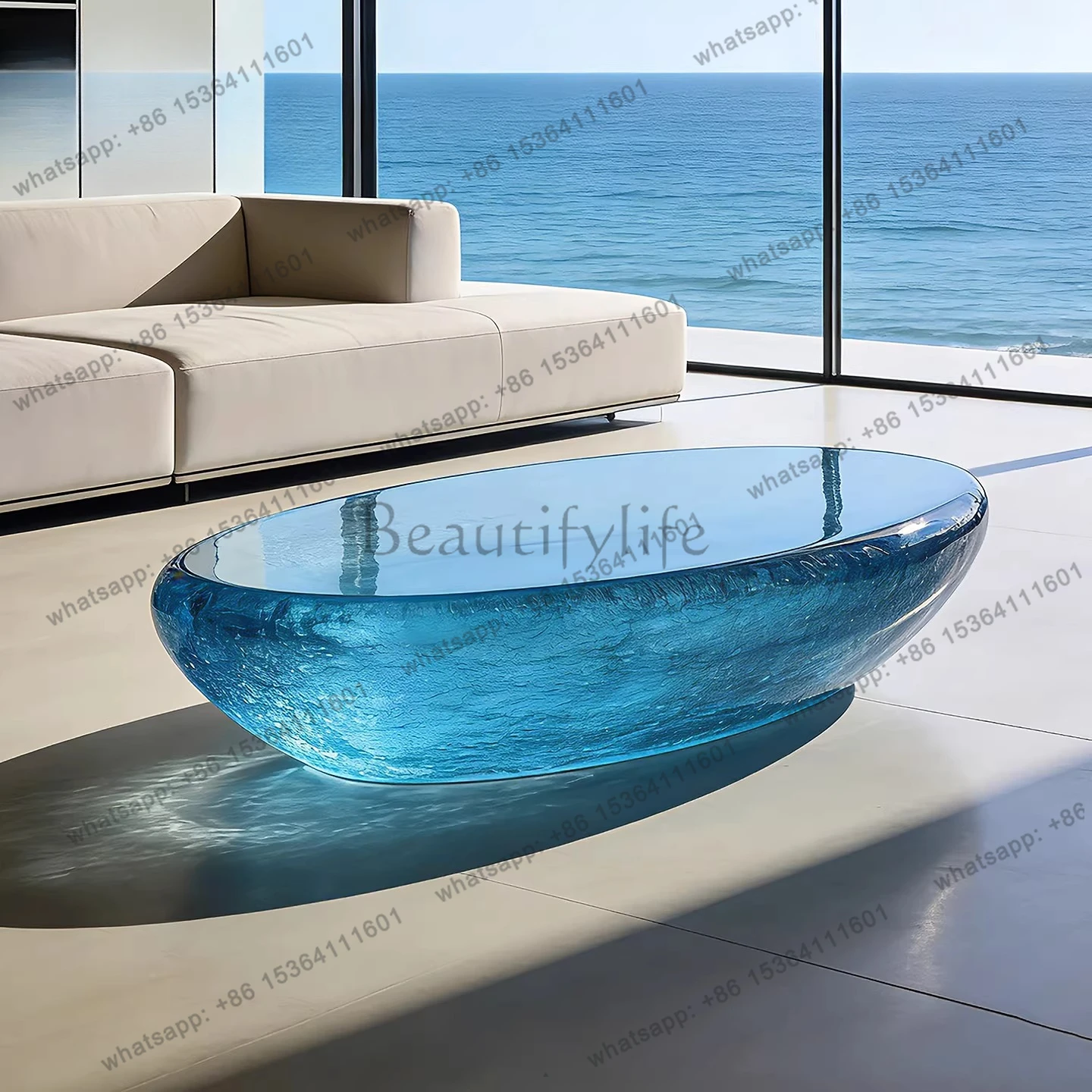 

Modern Italian blue crystal coffee table high-end hotel living room villa transparent resin art furniture customization