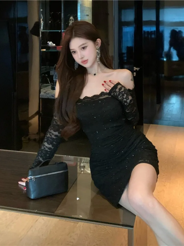 

Sexy Lace ort Dr One oulder Long Sve High Waist A-Line Skirt Pure Color Spring Autumn Faionable And Sexy