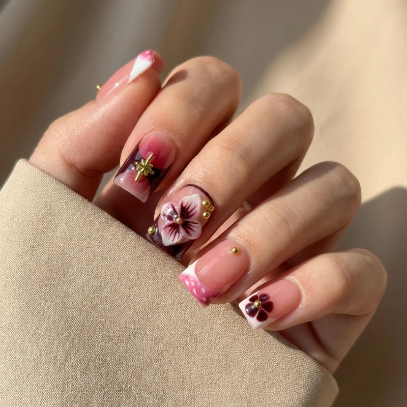 10Pcs Handmade Luxury Short Press on Nails 3D Flower French Tip Design Reusable Burgundy Pink Square False Nails Salon Quality view 3