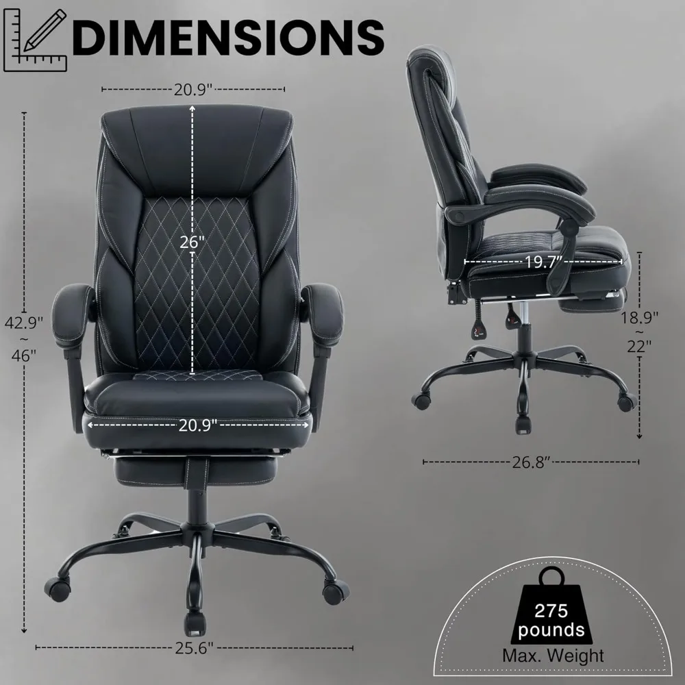 Executive Office Chair Big and Tall with Footrest and Pockets Ergonomic Home Computer Gaming Desk Task High Back PU Leather Adju