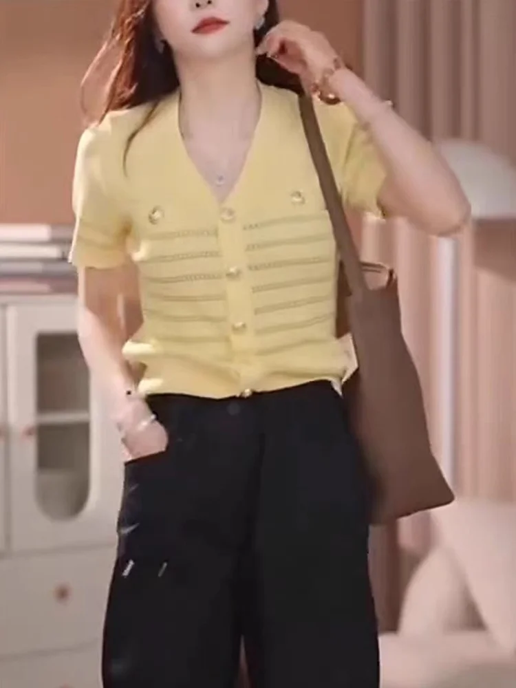 

Женский вязаный кардиган Ele V-Ne с коротким рукавом, открытый, с цветовыми блоками, летний, модный, высококачественный, европейский бренд