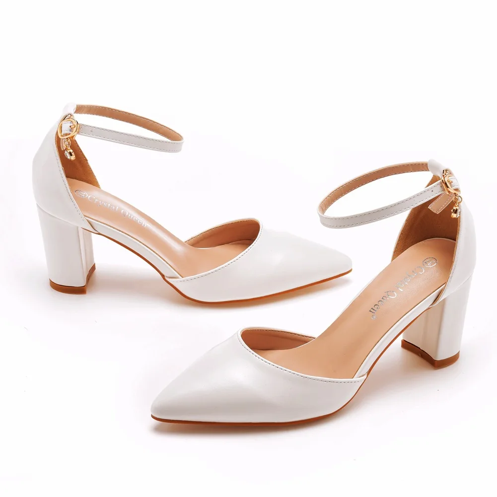 Women 7CM Thick High Heels Sexy Pumps White Wedding Bride Shoes Pointed Toe Buckle Strap Sandals