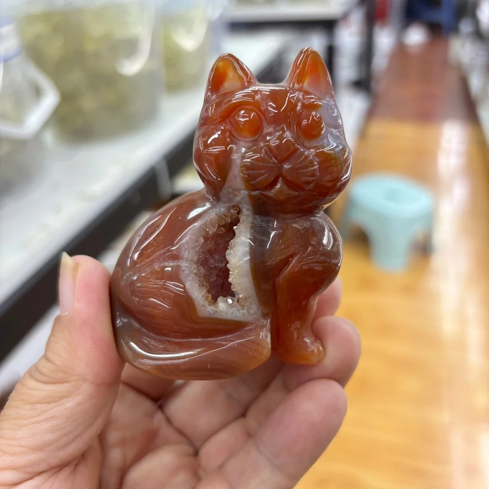 Natural Agate Cat Carving With Druzy Geode Crystal Animal Sculpture Cute Desktop Ornament Home Decor Healing Crystal Gift