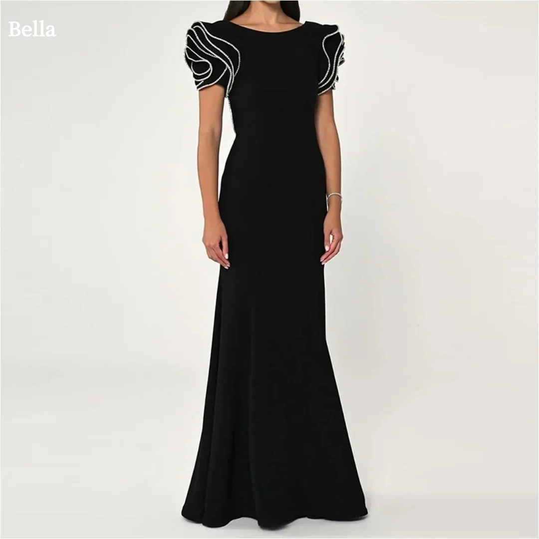 

Черное платье русалки для выпускного вечера Bella по индивидуальному заказу, декоративные платья на плечах, элегантные вечерние платья с короткими рукавами длиной до пола