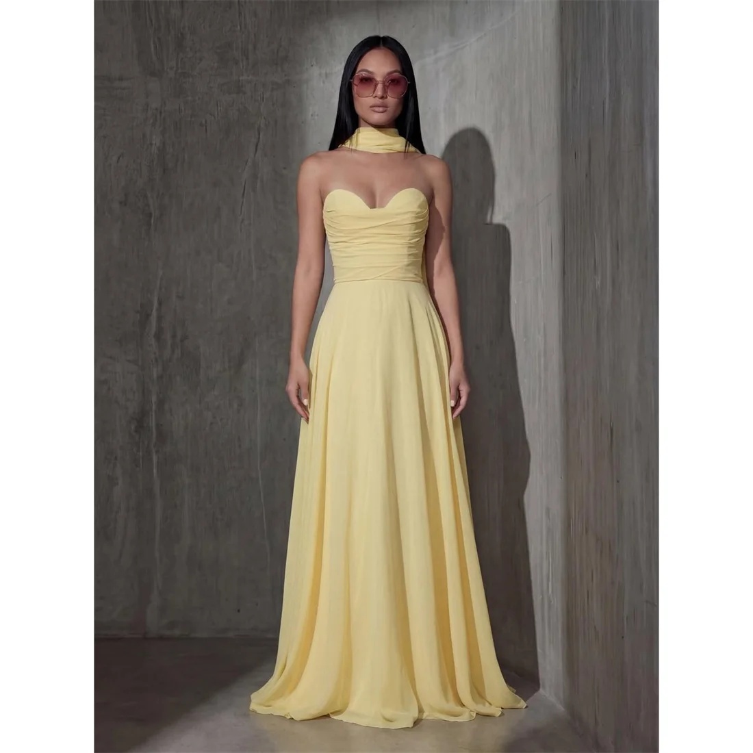EDECPBM Chiffon Strapless Yellow A-Line Evening Dress 2026 Prom Dress Ladies Premium Beautiful Formal Evening Customized