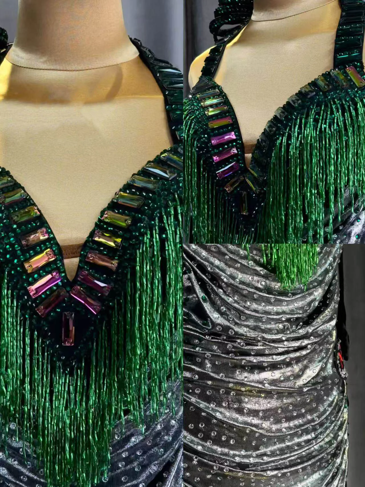 

Latin Dancer Adult Children High-End Customized Texture Silver Green Bead Tube Tango Samba AB Stone Performance Dress