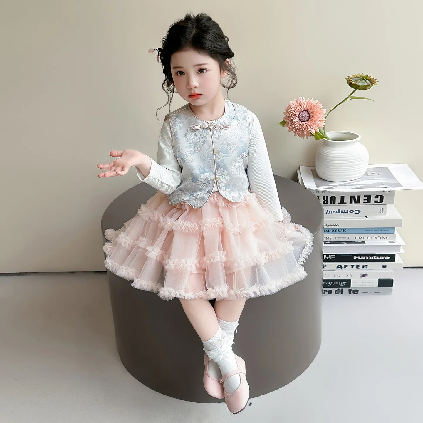 Girls' Dress Spring 2026 New Fashionable Baby Girl Birthday Children's Vest Mesh Princess Dress