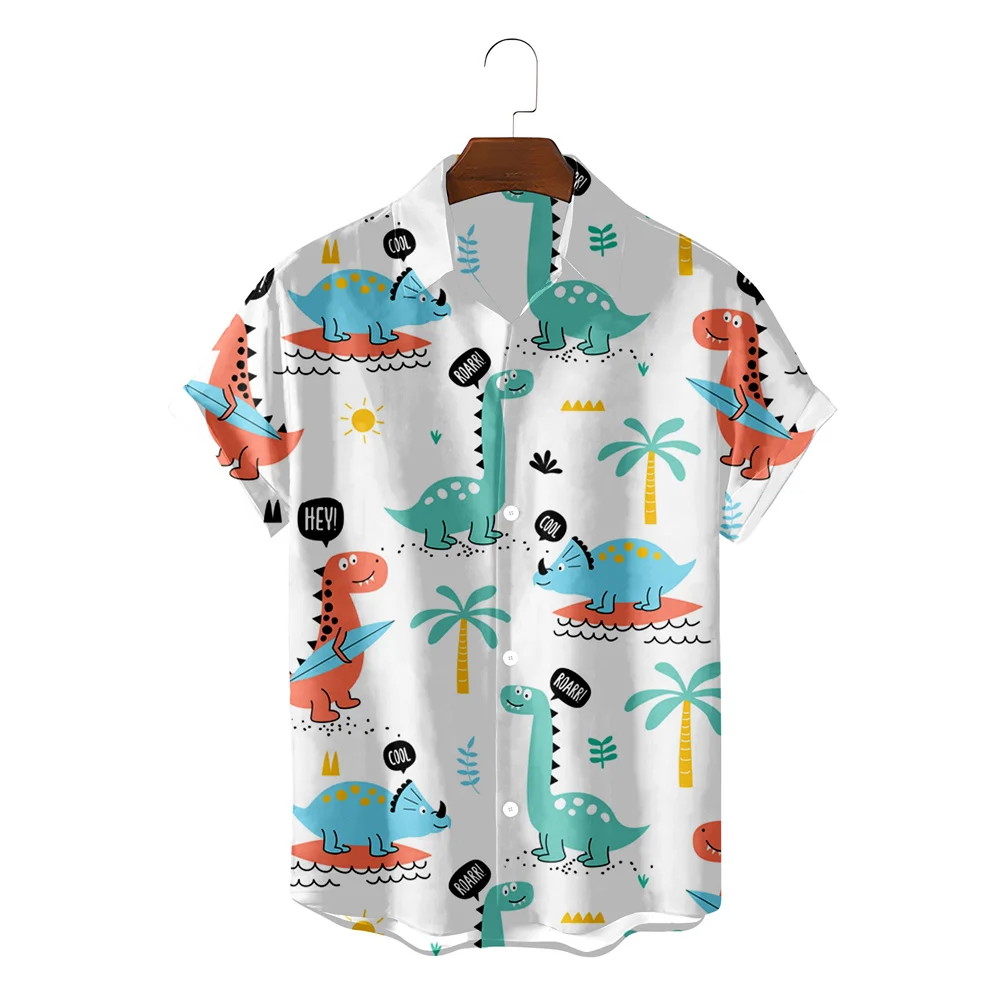 Dinosaurus 3d cetak Fashion kemeja kancing pendek pria, pakaian Retro Hawai pria Camisa hewan Casuais Vintage blus bunga-bunga