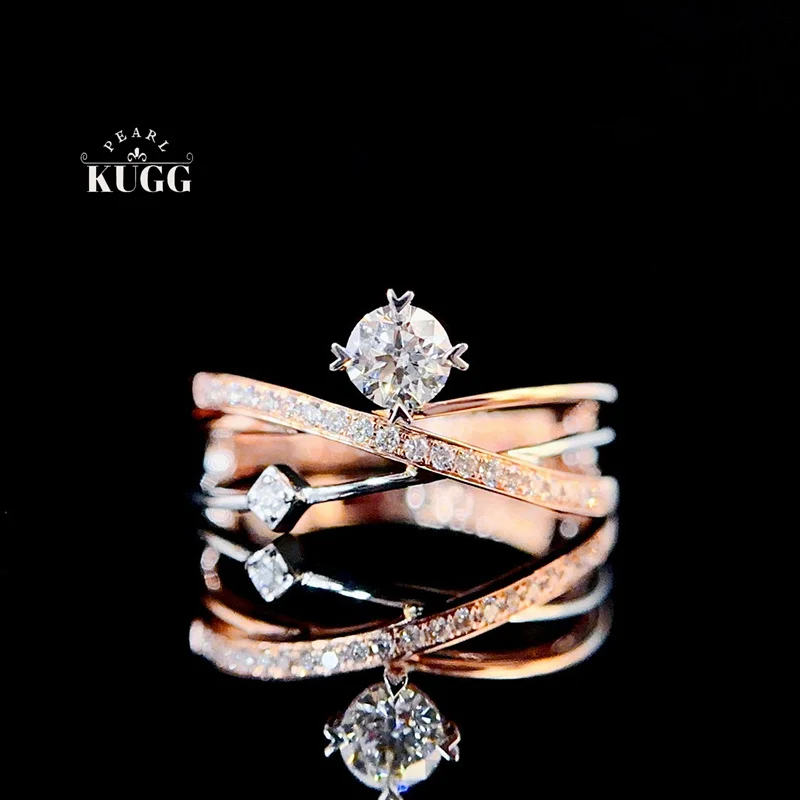 

KUGG 100% 18K White+Rose Gold Rings Romantic Crown Design Real Natural Diamond Engagement Ring for Women High Wedding Jewelry