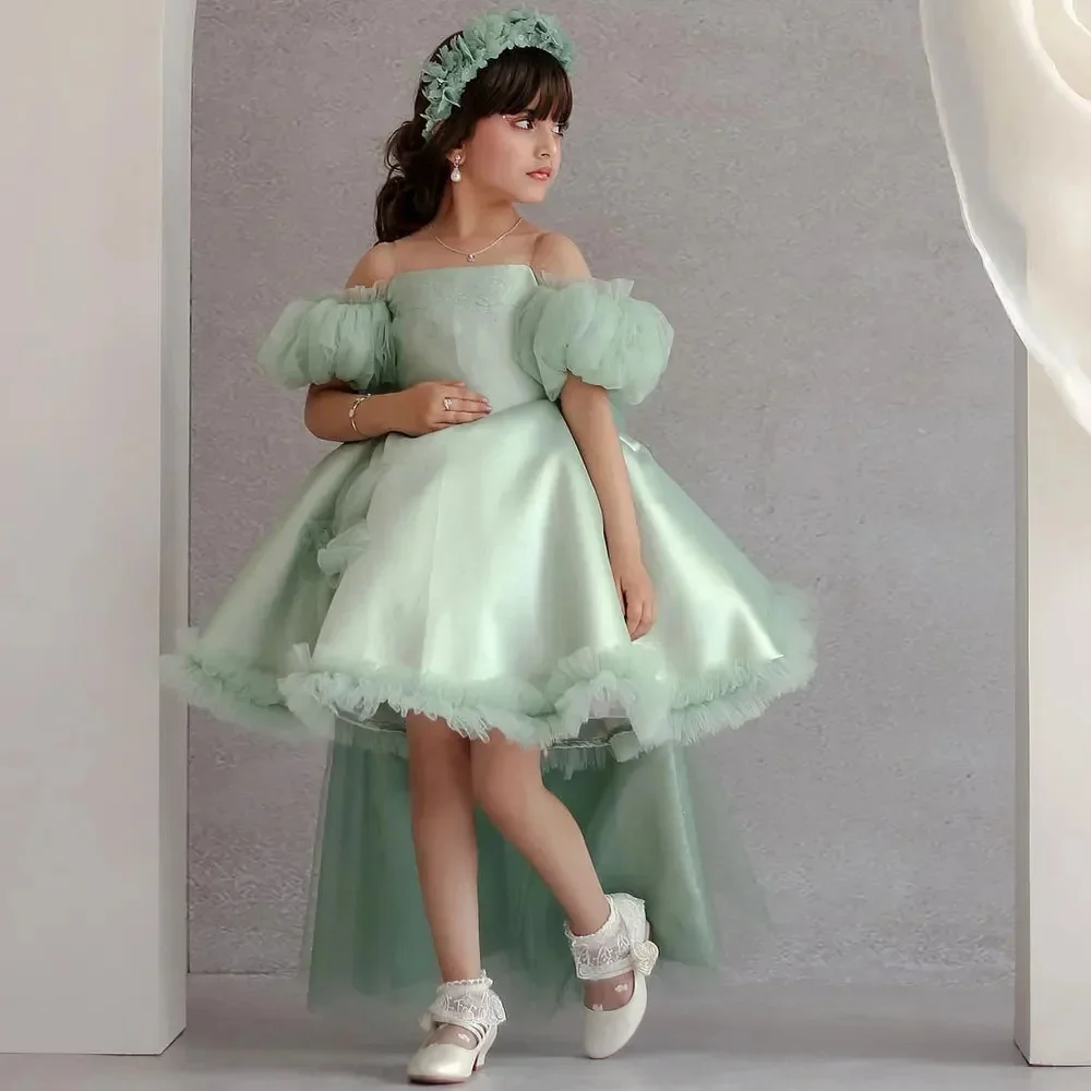 Green Off The Shoulder Customized Flower Girl Dresses A-Line Pleated High Low Appliques First Communion Birthday Party Prom Gown