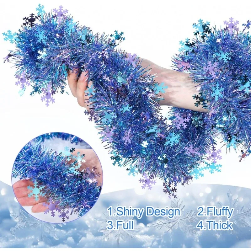 2M Blau-Lila Schneeflocken Metallic-Lametta-Girlande, Gedrehte Weihnachtsdekoration für Winterpartys