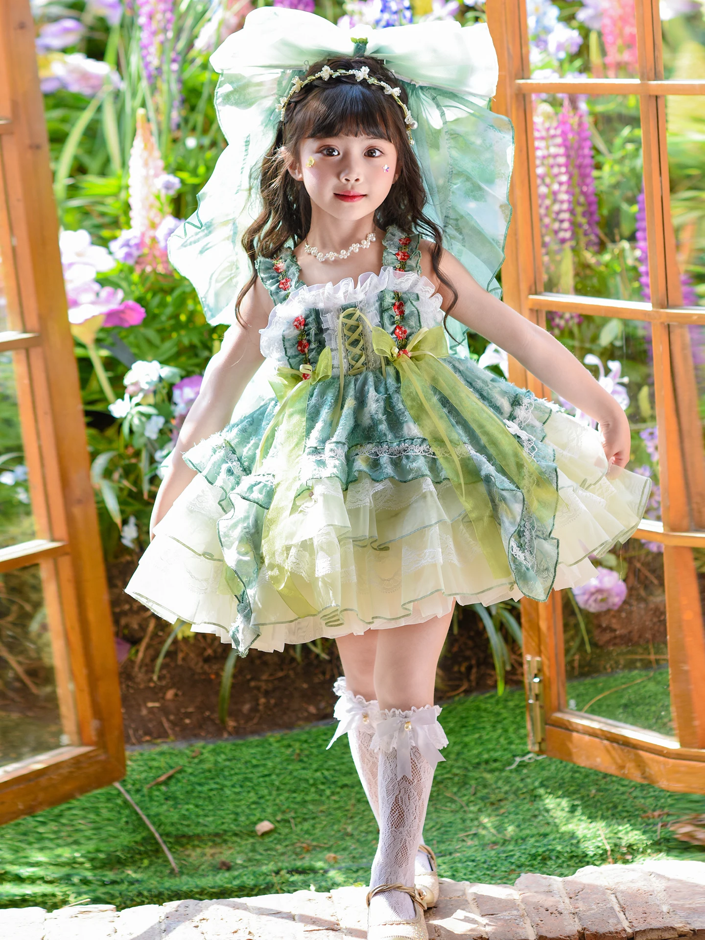 Vestido Estilo Lolita para Meninas, Saia Floral de Renda para Aniversário, Vestido de Algodão Macio e Respirável com Cintura Média Alta para Crianças 