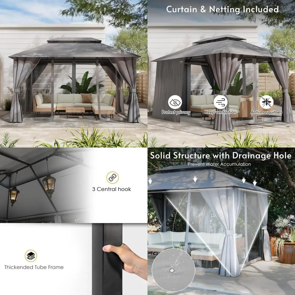 

10x13 Outdoor Gazebo with Double Roof, Mosquito Netting, and Privacy Screens, featuring a Powder-Coated Metal Frame for Patio Us