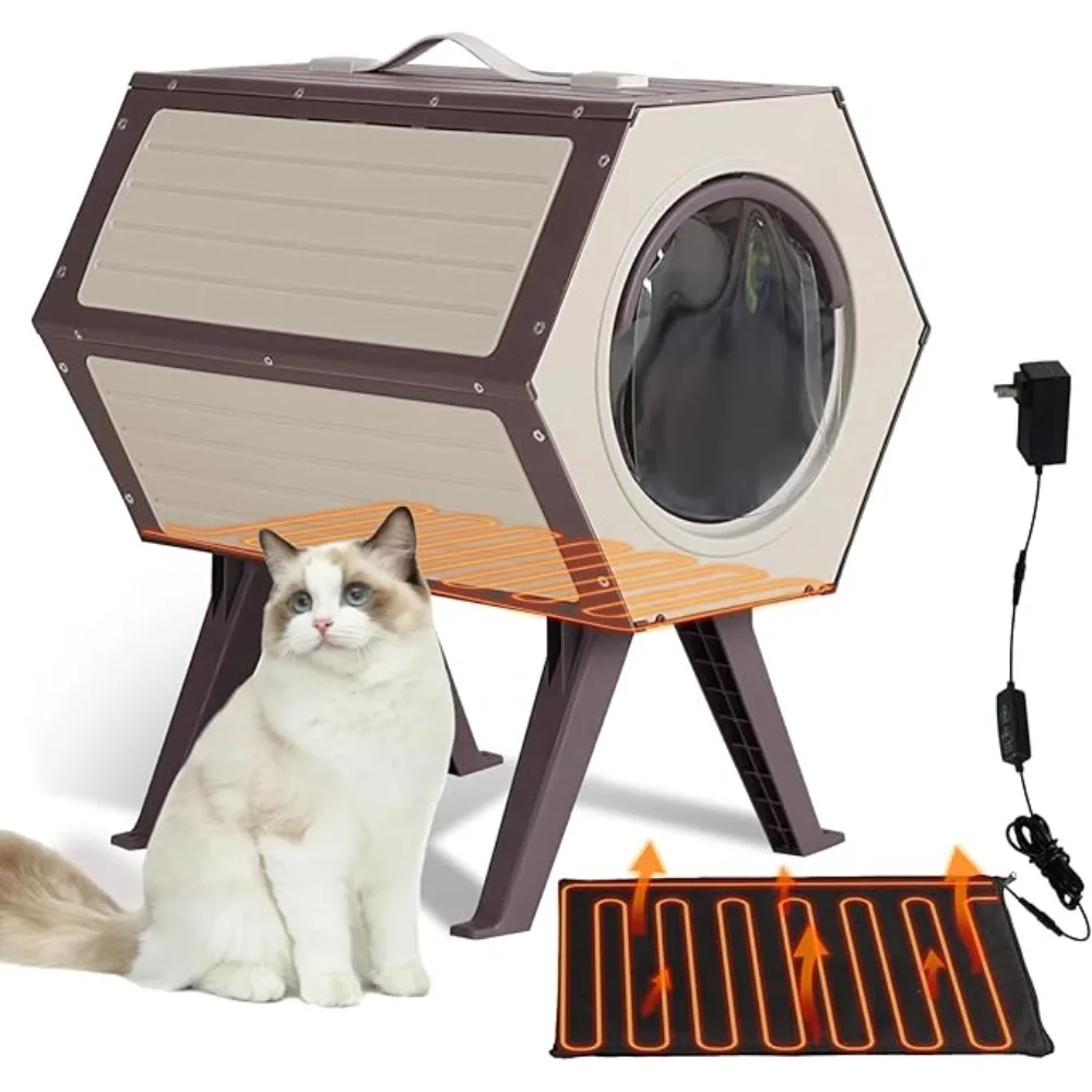 

Outdoor Heated Cat House with Heater Insulated, Feral Cat Shelter with Adjustable Temperature & Timer,Cat Beds with Escape Door